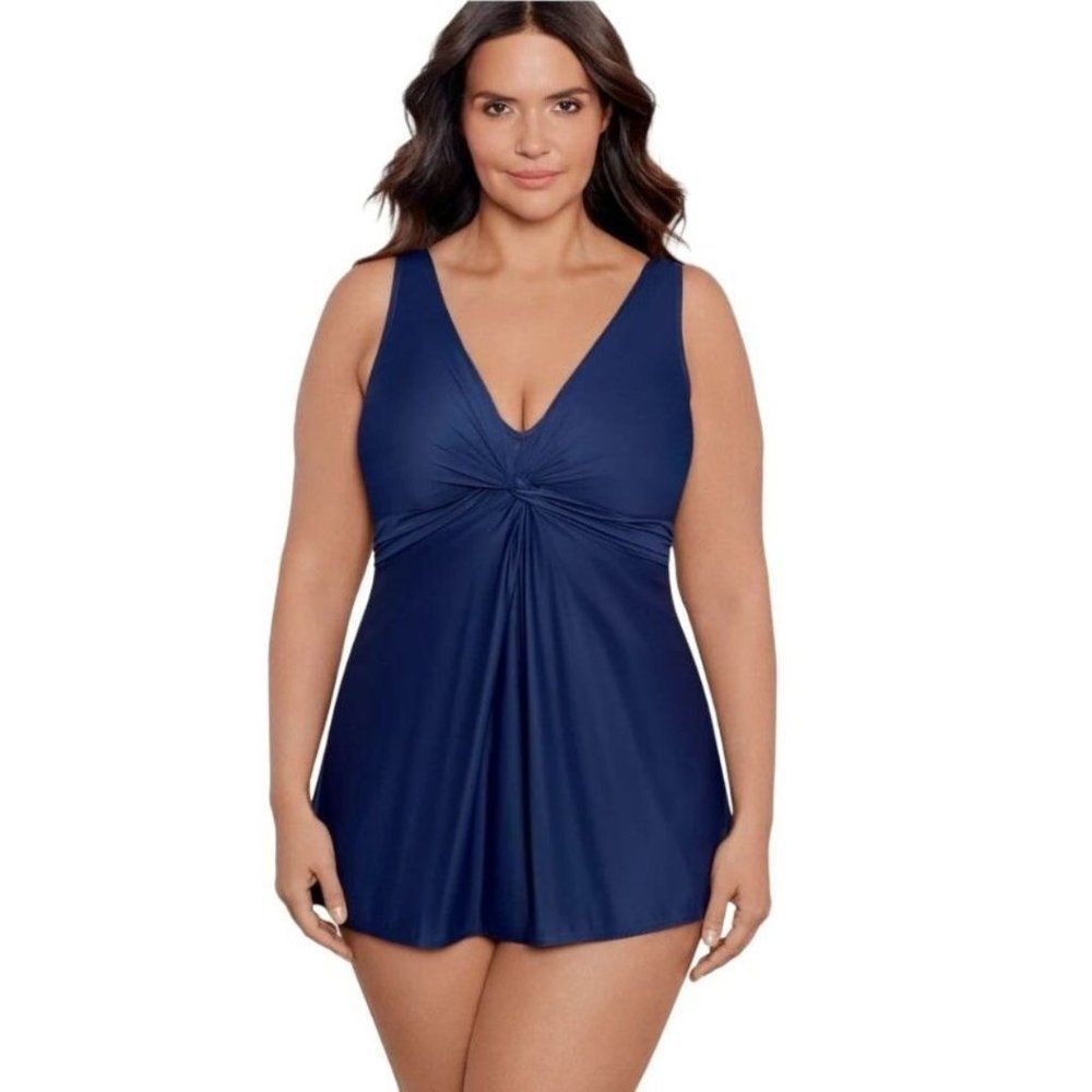 Shekini  Solid Navy Blue One Piece‎ Skirted Swim Dress Swimsuit NEW Size S